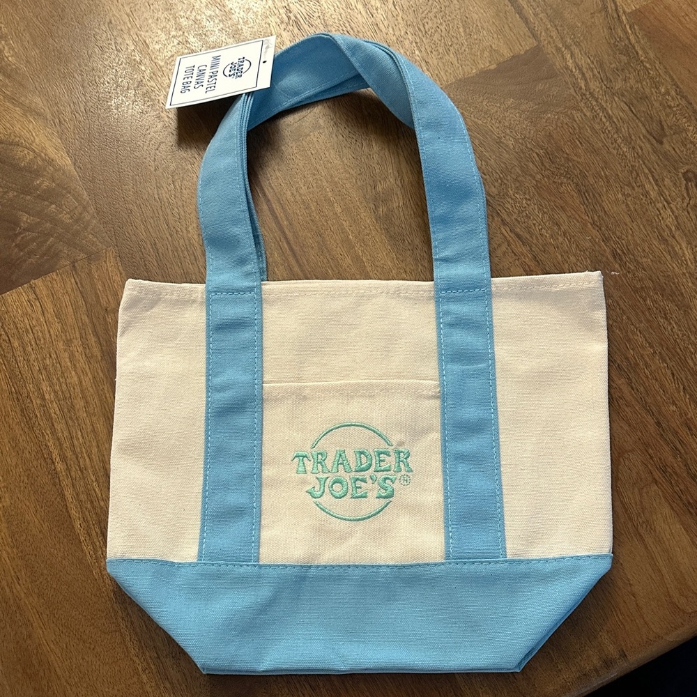 Canvas Trader Joe’s Tote Bag in Cream and Light Blue